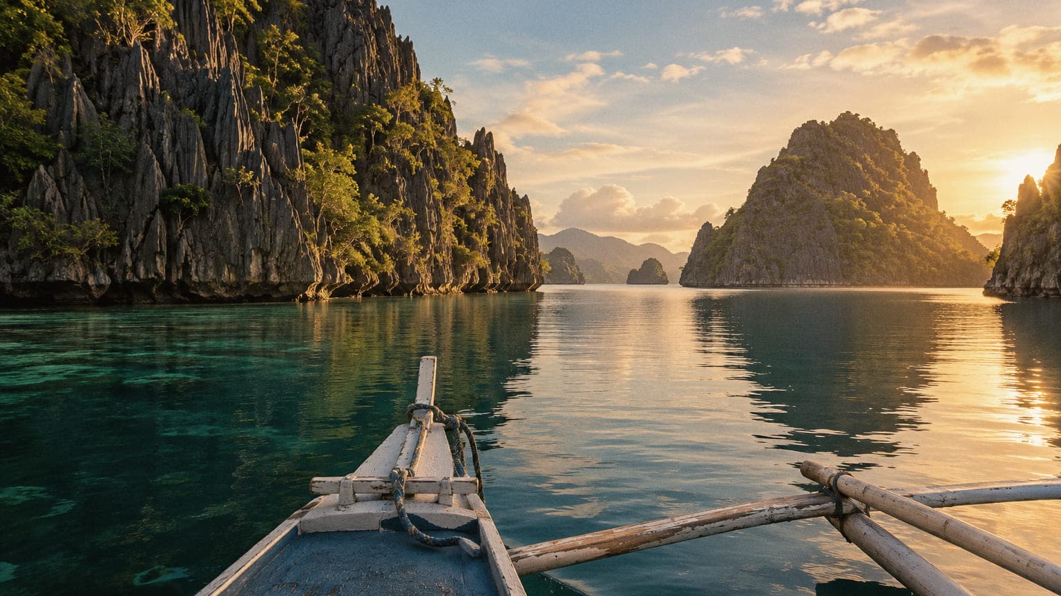 An empty banca bow pointing toward limestone karsts at golden hour